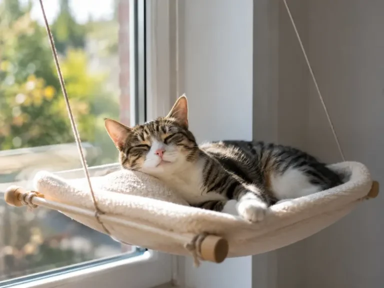 Gato tumbado en una hamaca de ventosas pegada a la ventana