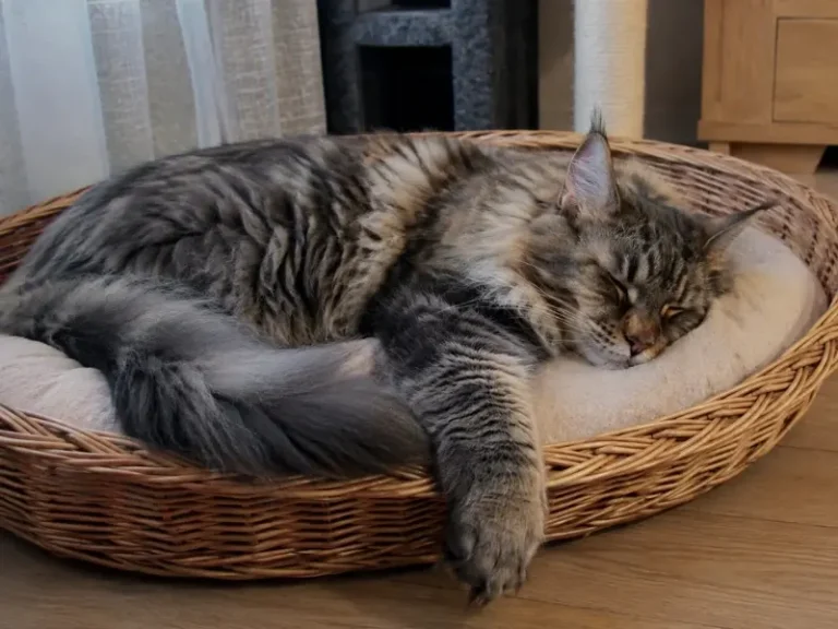 Gato Maine Coon durmiendo en una cama grande