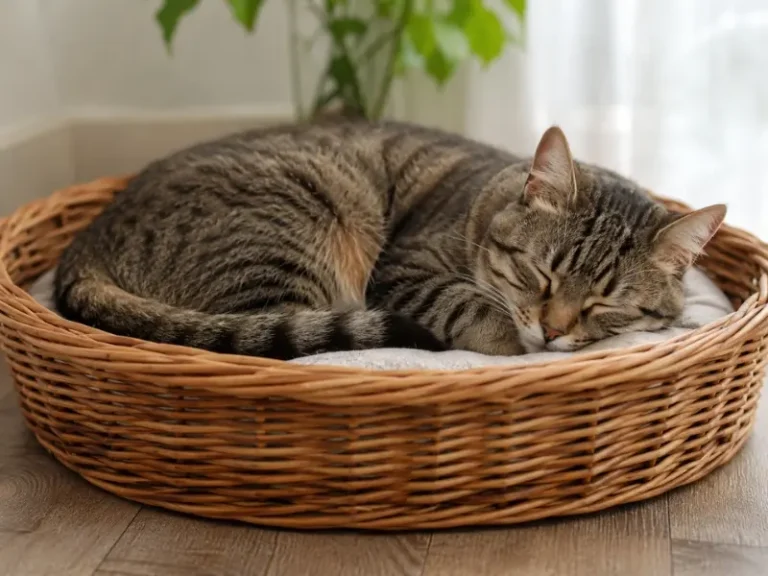 Gato atigrado dentro de una cesta de mimbre